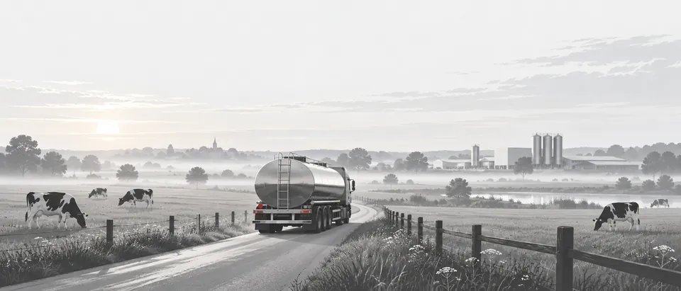 Ein Milchsammelwagen fährt am Morgen zwischen Weiden zu einer Molkerei.